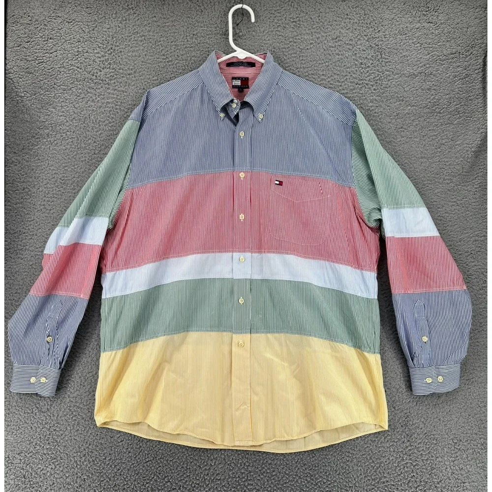 Vintage Tommy‎ Hilfiger Striped Color Block Button Up Collared Shirt Men's Large